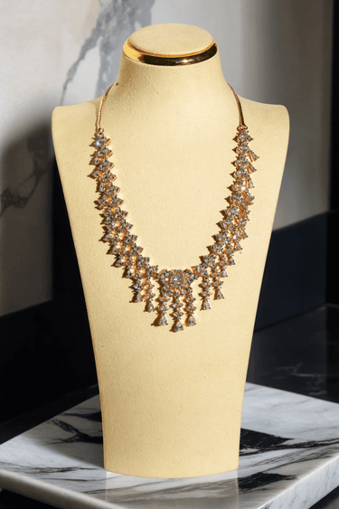 Anne Diamante Accent AD Necklace Set - Rose gold plated with cascading design, featuring diamante accent AD stones and matching dainty earrings, available in rose gold & white, rose gold & pink, rose gold & green, rose gold & sapphire blue, and rose gold & maroon.