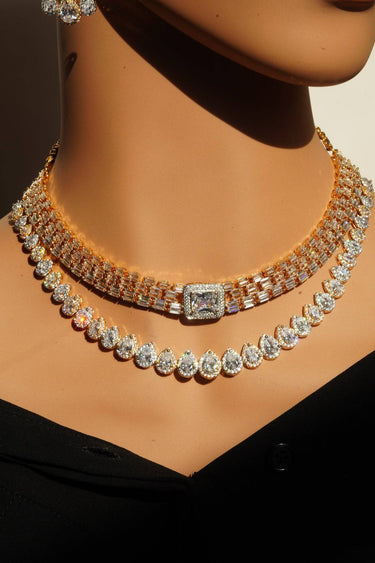 Double-Layer Baguette & Teardrop AD Statement Necklace Set – Zaina