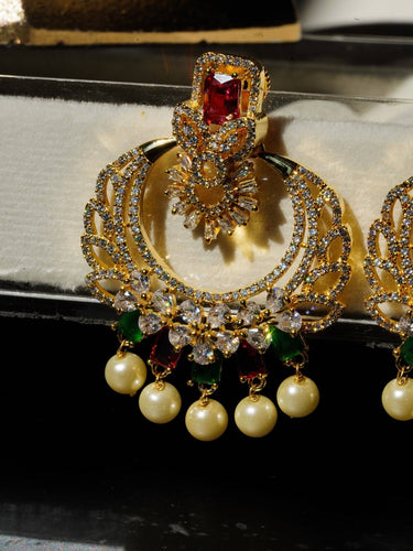 Gold Plated Zircon Pearl Dangling Chandbali Earrings - Anaya