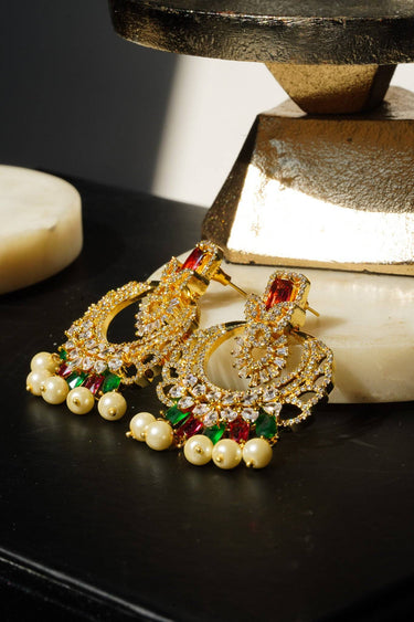 Gold Plated Zircon Pearl Dangling Chandbali Earrings - Anaya