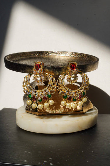 Gold Plated Zircon Pearl Dangling Chandbali Earrings - Anaya