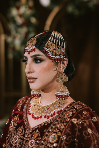 Amreen - Gold Plated Red Bridal Set (5 pc)