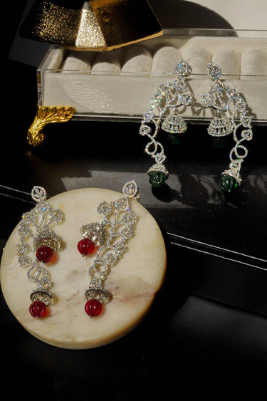 Rhodium AD Stone Vine Resin Bead Drop Earrings - Arisha