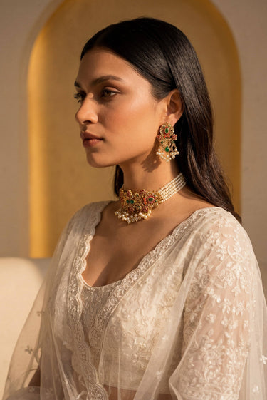 Gold-Plated Navratan Pearl Choker Necklace Set – Arushi