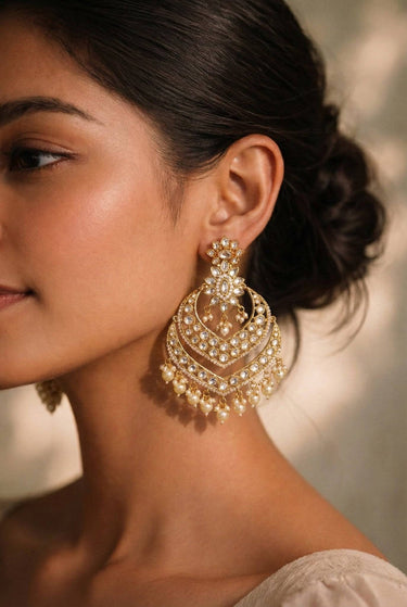 Gold-plated kundan polki chandbali earrings with pearl drops - South Asian bridal jewelry - Inaury