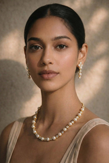 Chhavi Pearl & Diamante AD Necklace Set on model