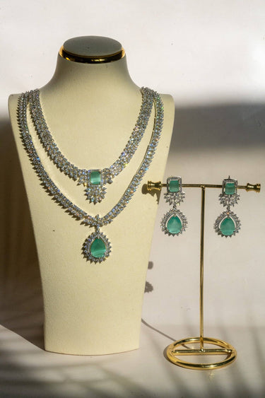Rhodium Double Layer Pear Emerald Cut AD Necklace Set - Amore