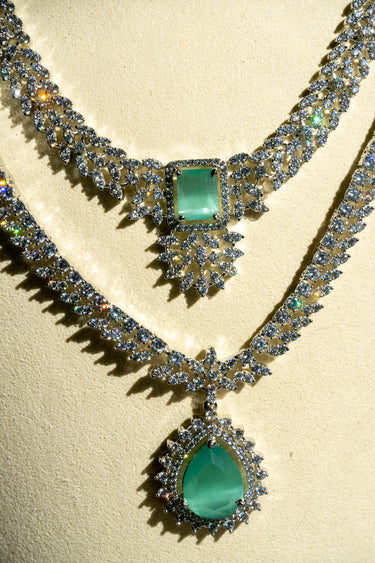 Amore Rhodium Plated Double-Layer AD Necklace Set