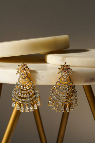 Gold finish chandelier earrings with shimmering CZ stones and tiered arches, perfect for under $50 jewelry collections.