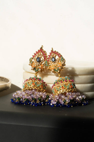 Matte Gold Navratan Zircon Multicolor Jhumka Earrings - Sahana
