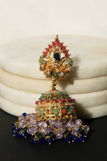 Matte Gold Navratan Zircon Multicolor Jhumka Earrings - Sahana