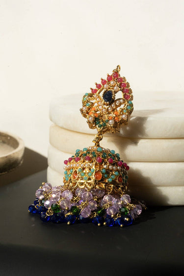 Matte Gold Navratan Zircon Multicolor Jhumka Earrings - Sahana