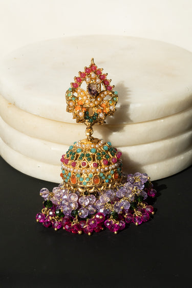 Sahana - Matte Gold Plated Multicolor Navratan Jhumka Earrings