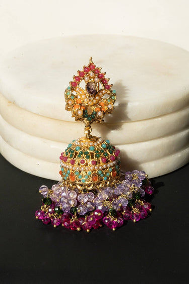 Matte Gold Navratan Zircon Multicolor Jhumka Earrings - Sahana