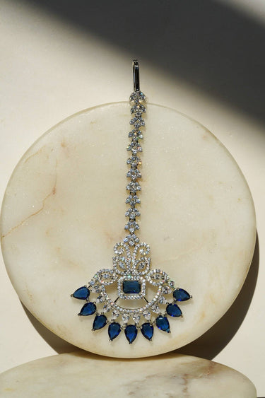 Isata Sapphire Blue Maang Tikka with Rhodium AD detailing