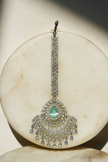 Rhodium plated American Diamond Maang Tikka with Mint Green and Mint Green stones for Bollywood wedding look