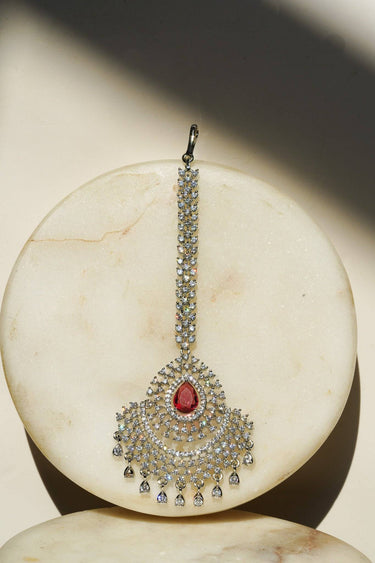 Rhodium plated American Diamond Maang Tikka with Ruby Red and Mint Green stones for Bollywood wedding look