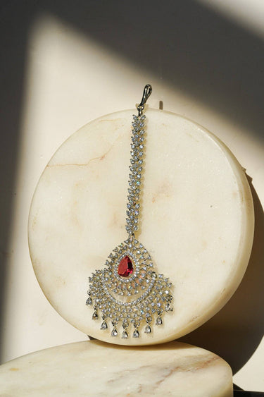 Anya Statement AD Maang Tikka with mint ruby red stone and sparkling rhinestones