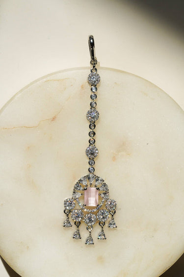 Serena Lightweight Rhodium Maang Tikka with pink teardrop dangles