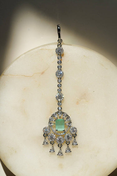 Serena Lightweight Rhodium Maang Tikka with Light Green Teardrop Dangles