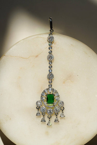 Serena Lightweight Rhodium Maang Tikka with Emerald Green Teardrop Dangles