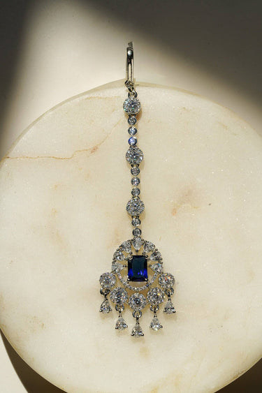 Serena Lightweight Rhodium Maang Tikka with Sapphire Blue Teardrop Dangles