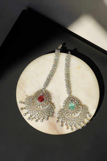 Rhodium plated American Diamond Maang Tikka with Mint Green and Ruby Red stones for Bollywood wedding look