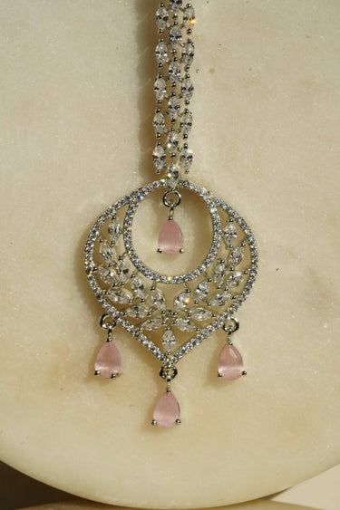 Willow Rhodium Maang Tikka with intricate design and pink stones