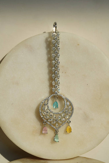 Willow Rhodium Chandbali Maang Tikka with teardrop dangles