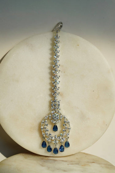 Farida Rhodium Dainty Chand AD Maang Tikka with blue stones