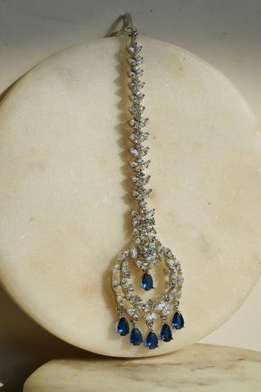 Farida Rhodium Dainty Chand AD Maang Tikka featuring blue accents