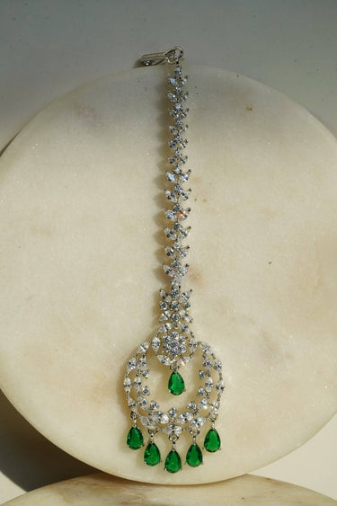 Farida Rhodium Dainty Chand AD Maang Tikka with green stones