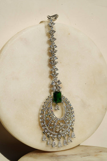 Ayla Oval Maang Tikka in Rhodium with green AD stones