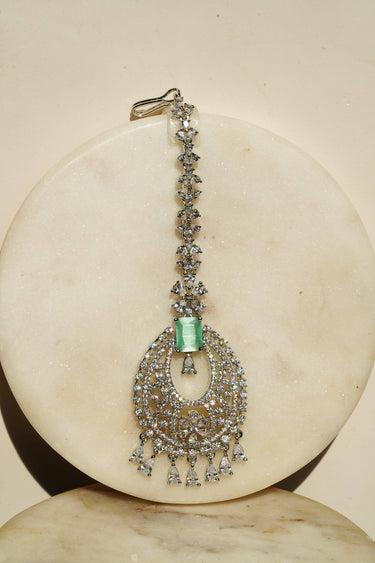 Ayla Oval Maang Tikka in Rhodium with mint AD stones