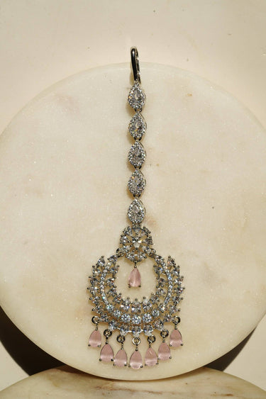 Dainty Tikka Rhodium Chand Maang Tikka with pink stones