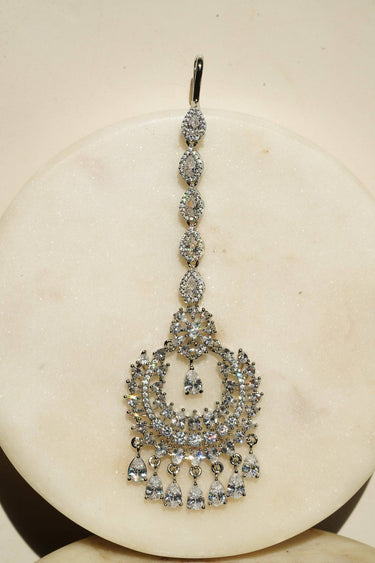 Dainty Rhodium Chand Maang Tikka adorned with CZ stones