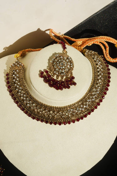 Handcrafted Zircon Crystal Choker Necklace Set with Jhumka Maang Tikka - Urooj