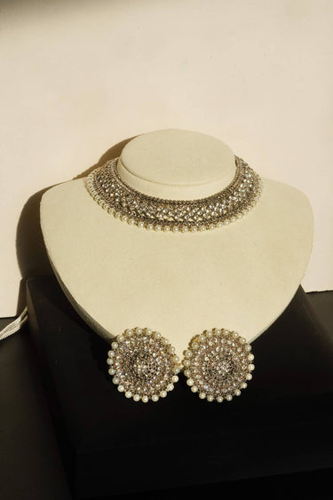 Gold Zircon Artisan Necklace Set with Oversized Stud Earrings – Sabhan