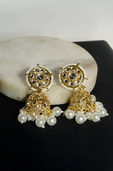 Close up of the jhumka earrings that comes with the Inaury Manisha Pearl Choker Necklace Set