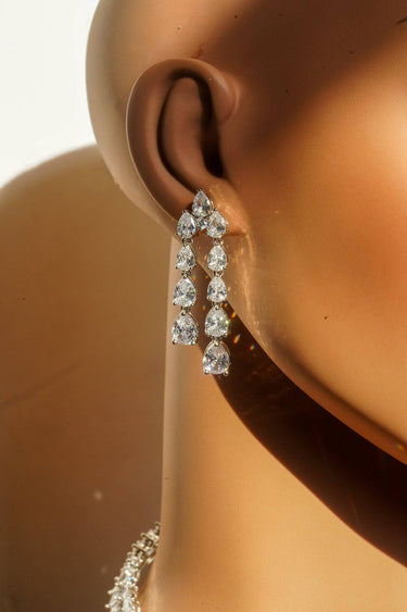 Brishti rhodium-plated necklace set with white teardrop diamante stones and Bvlgari-inspired openwork detail