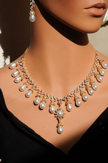 Close-up of Saffina Pearl & Diamante Necklace Set