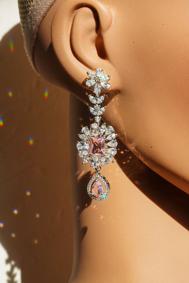 Abi - Rhodium Plated Diamante Accent Floral AD Necklace Set with Dangler Earrings