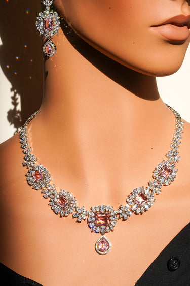 Abi - Rhodium Plated Diamante Accent Floral AD Necklace Set with Dangler Earrings