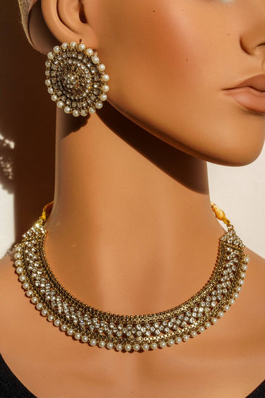Gold Zircon Artisan Necklace Set with Oversized Stud Earrings – Sabhan