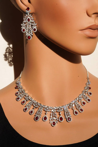 Rhodium Plated AD Floral Waterfall Necklace Set: Nazia