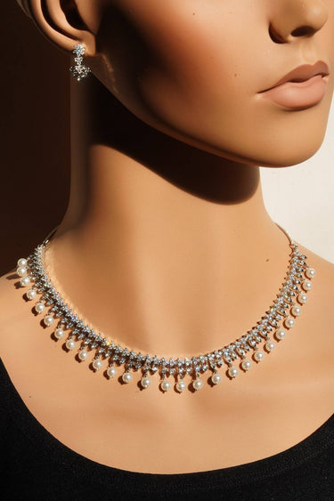 Pearl & American Diamond Collar Necklace Set – Mila