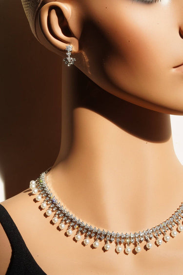 Pearl & American Diamond Collar Necklace Set – Mila