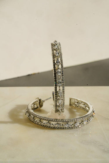 Rhodium Plated AD Marquise Hoop Earrings