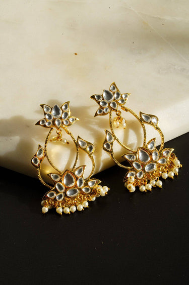 Gold plated Kundan lotus dangler earrings with faux pearls