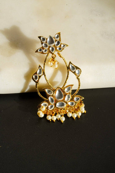 Elegant Kundan lotus earrings featuring faux pearl drops